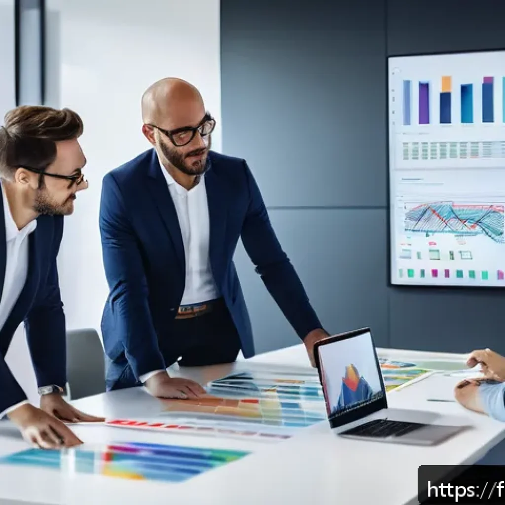 AI를 활용한 프로젝트 관리 기법 - A modern office scene showing a diverse project management team gathered around a large digital touc...