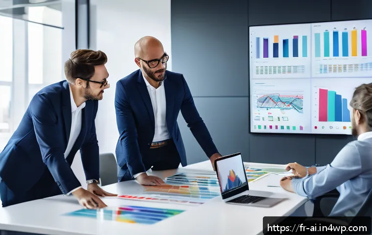 AI를 활용한 프로젝트 관리 기법 - A modern office scene showing a diverse project management team gathered around a large digital touc...