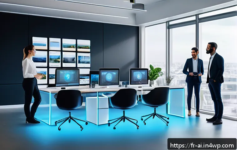 인간 AI 협업의 미래 트렌드 분석 - A modern French office scene depicting a diverse group of professionals collaborating seamlessly wit...