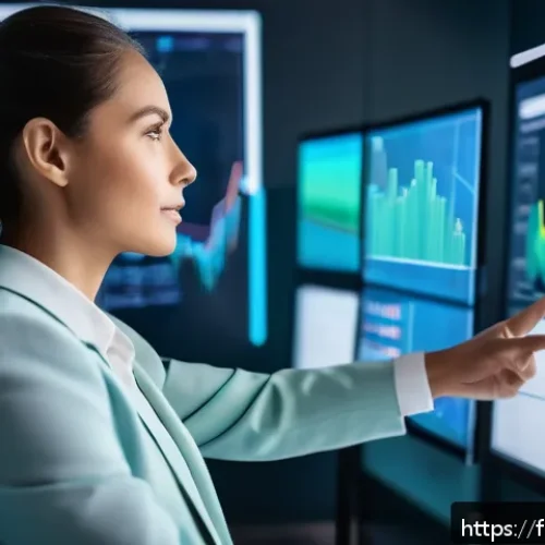 AI를 통한 데이터 분석 및 의사결정 지원 - A modern corporate office setting where diverse professionals analyze massive streams of financial d...