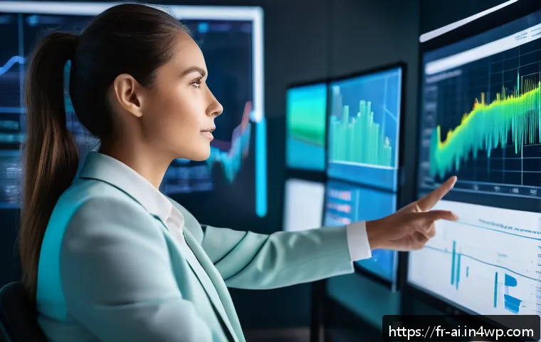 AI를 통한 데이터 분석 및 의사결정 지원 - A modern corporate office setting where diverse professionals analyze massive streams of financial d...