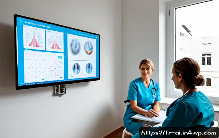 다양한 산업에서의 인간 AI 협업 사례 - Photorealistic French hospital diagnostic team in a bright modern consultation room, a middle-aged d...